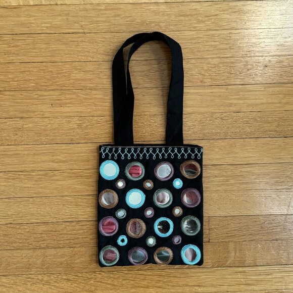 Black Multi Color Embroidered Mirror Double Handle Small / Tiny Tote Evening Bag - Picture 1 of 5